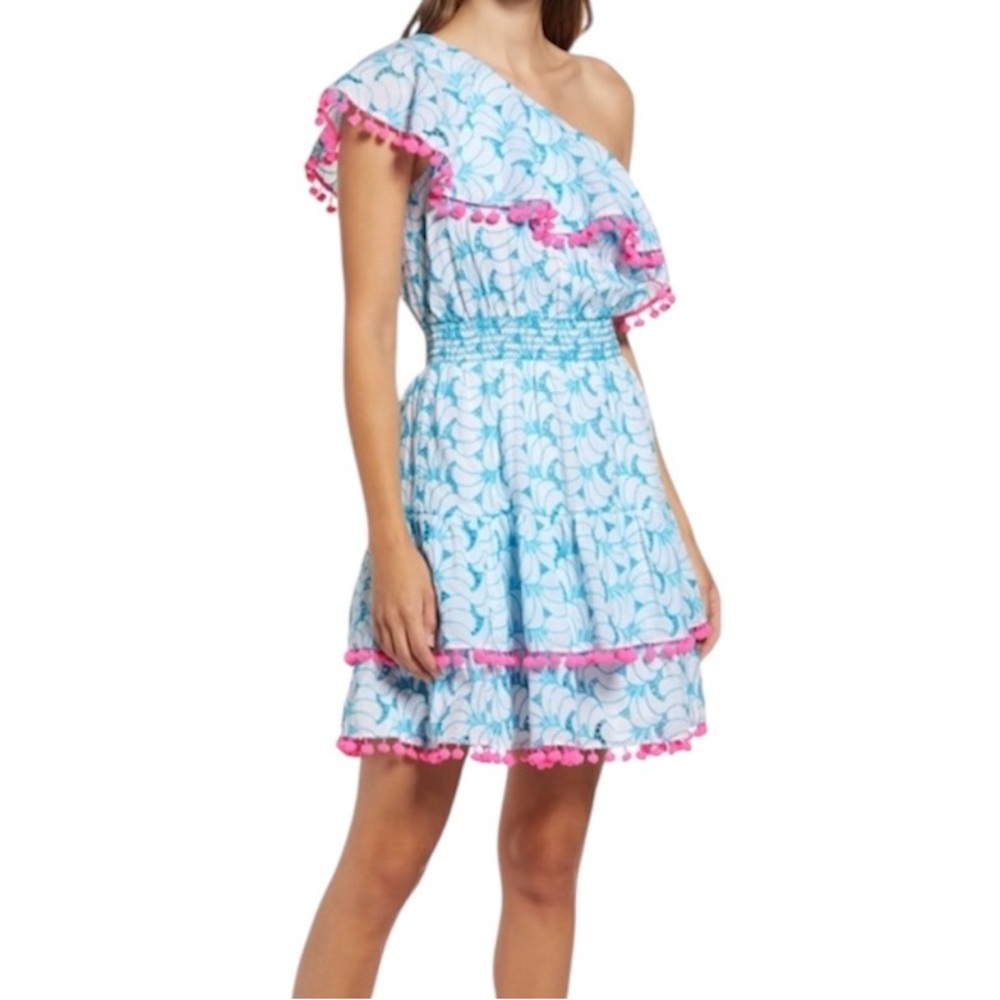 Lilly Pulitzer Blue Teal One-Shoulder Pom Pom Trim Dress
